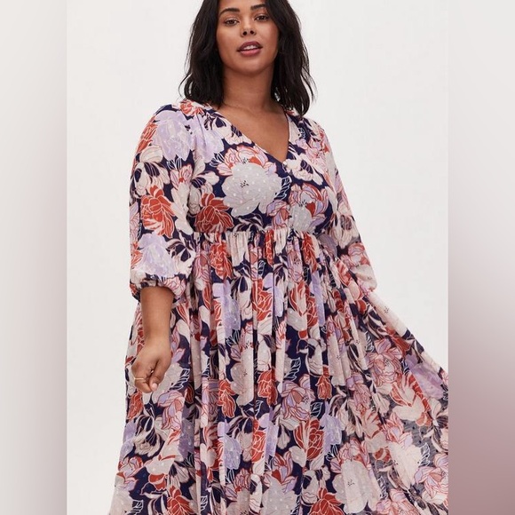 Torrid Navy Floral Swiss Dot Button Down Tea Length Dress 0X size 12/14 No Slip - Picture 3 of 9